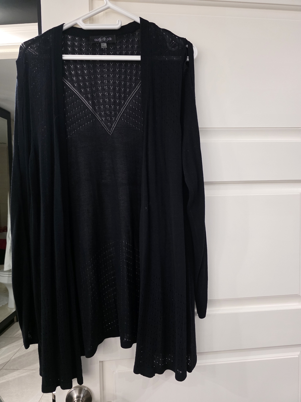 August Silk Black Open-Front Lightweight Knit Cardigan L 100% Rayon Like New